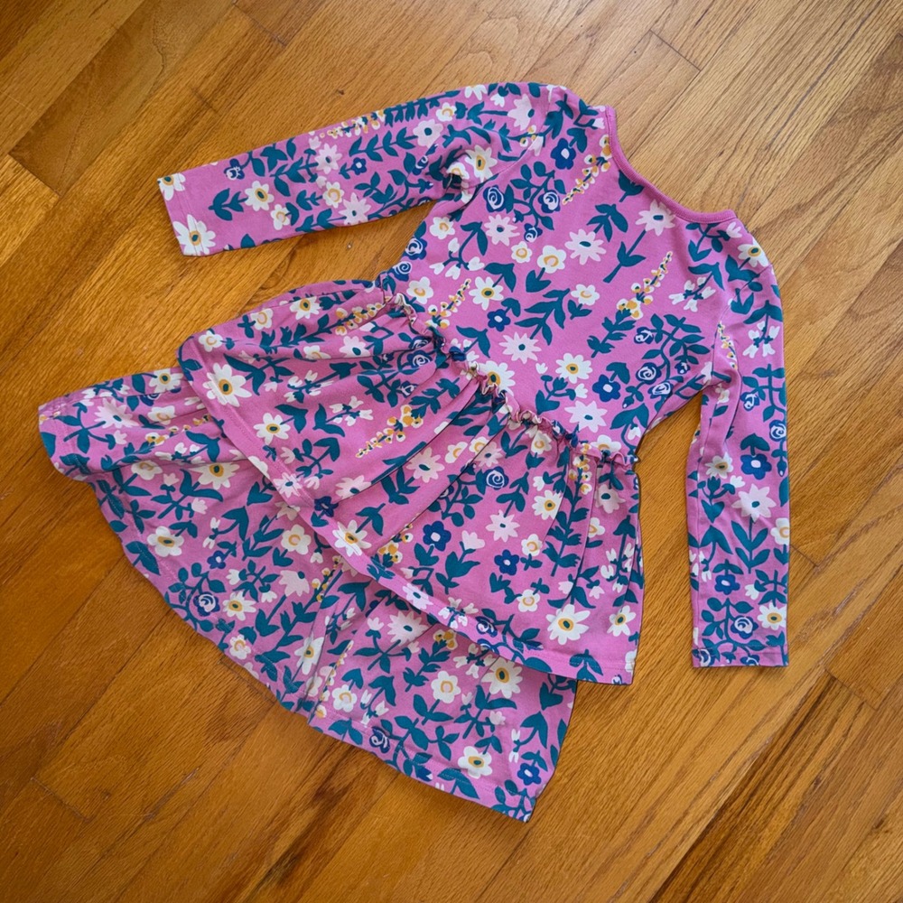 Hanna Andersson Girls Pink Floral Tiered Long Sleeve Cotton Dress Size 4 / 100 - Picture 5 of 8